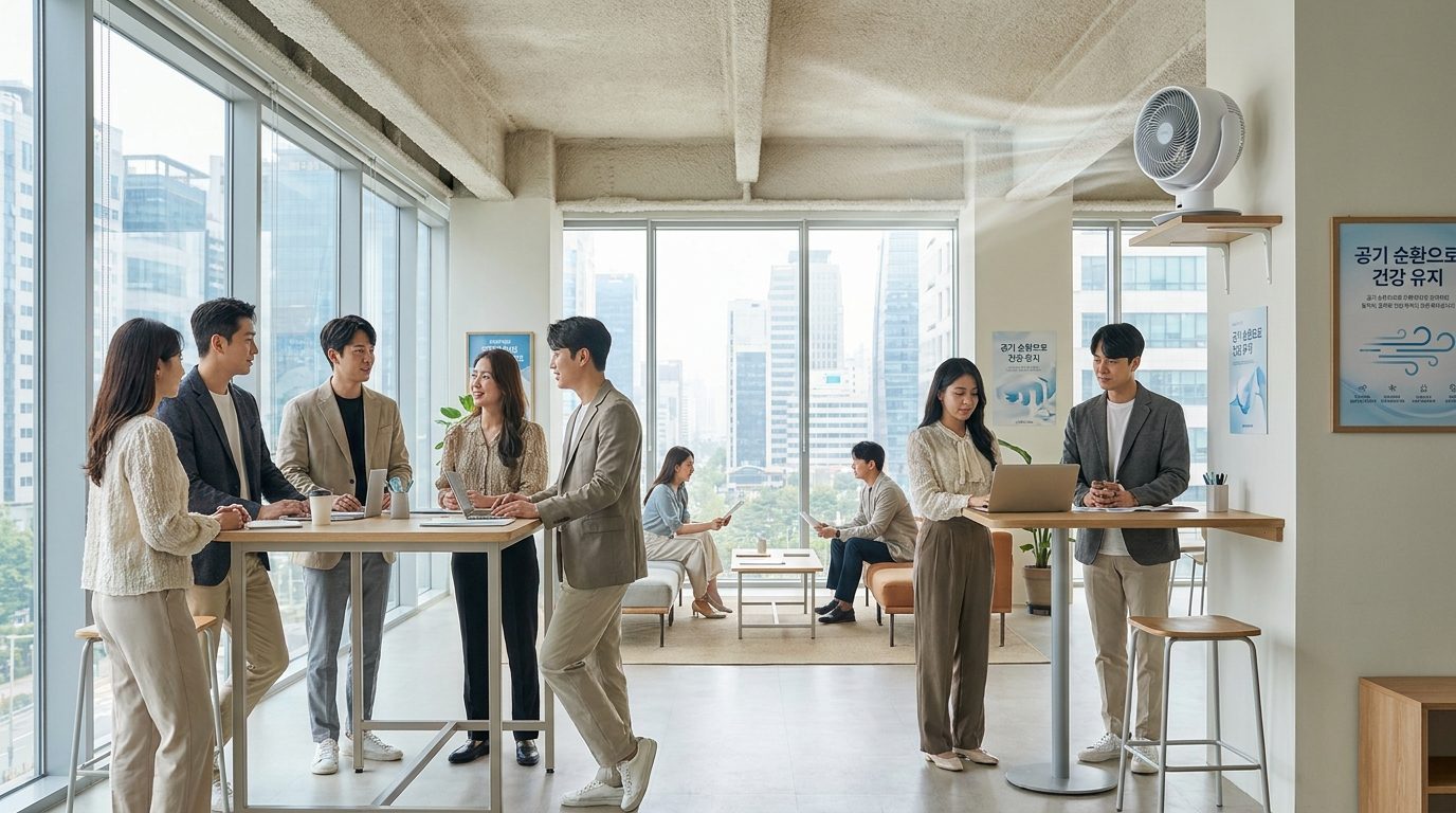 2026년 한국의 현대 사무실에서 간접적으로 공기를 순환시키며 선풍기를 사용하는 모습