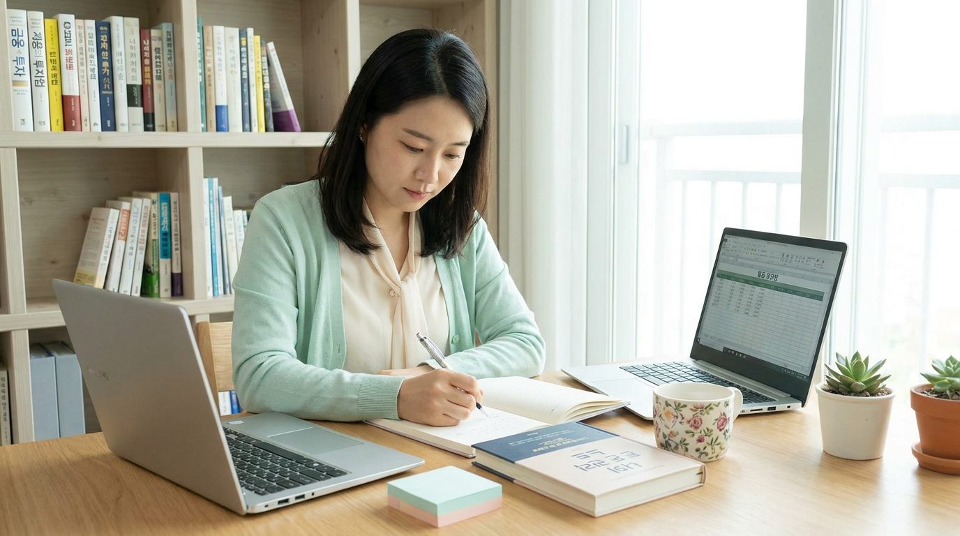 2030대 한국인 여성이 집에서 재테크 책을 보며 메모하는 모습