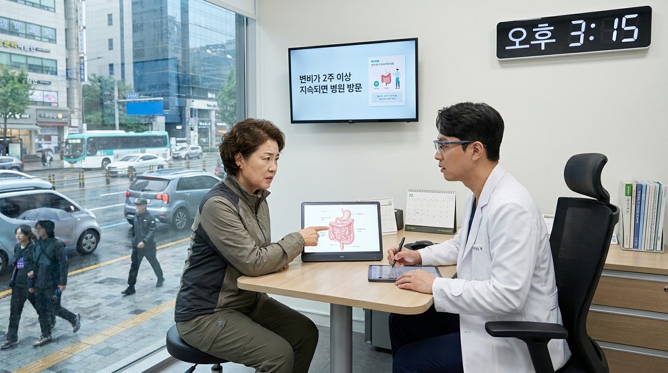 현대 한국 도시 병원 내에서 의사 상담을 받는 중년 한국 여성 환자의 모습