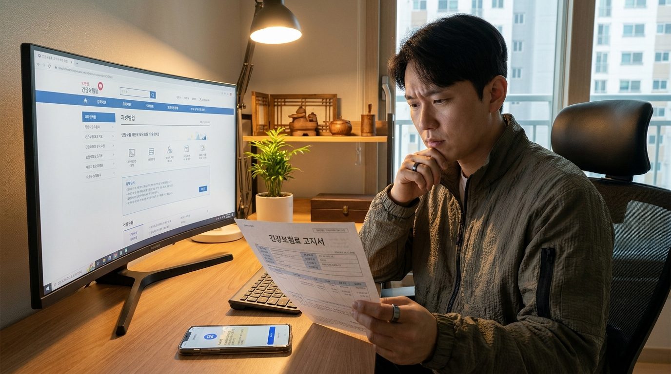 한국 가정에서 건강보험료 고지서를 검토하는 사람이 문서와 컴퓨터 화면, 휴대폰 알림을 보며 걱정스러운 표정을 짓고 있는 모습, 따뜻한 조명과 현대적인 한국식 인테리어 환경에서