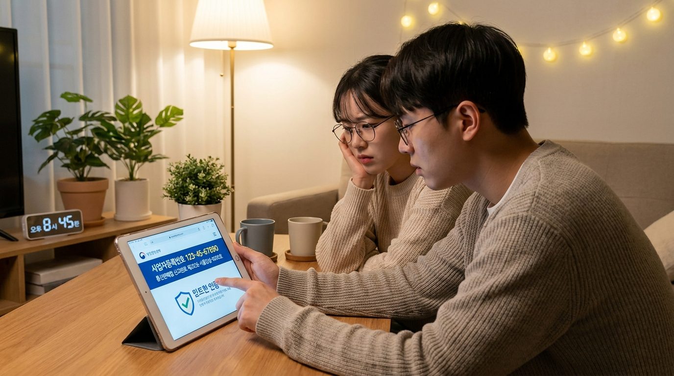 홈에서 태블릿으로 판매자 사업자 정보 확인하는 한국 젊은 부부
