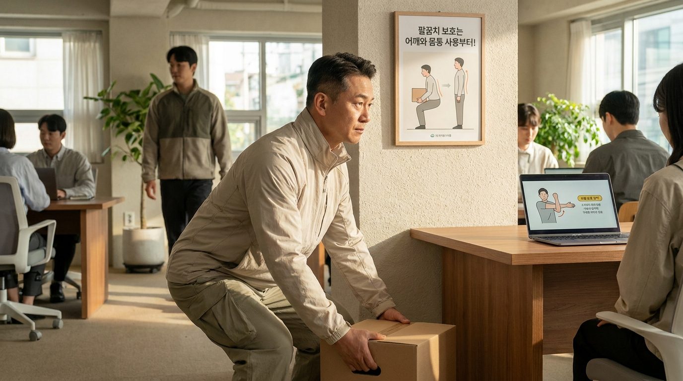 한국의 현대적인 사무실이나 가정에서 어깨와 몸통을 활용하여 물건을 안전하게 드는 올바른 자세를 보여주는 40대 한국인 남성