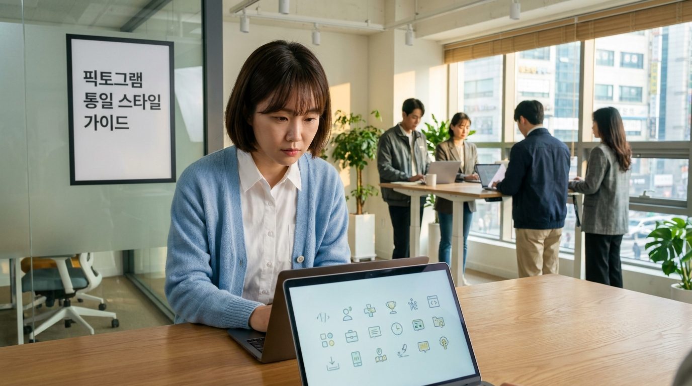 AI 픽토그램 제작: 현대 한국 사무실에서 AI 생성 픽토그램 아이콘을 노트북으로 확인하는 전문직 한국인 직원 모습