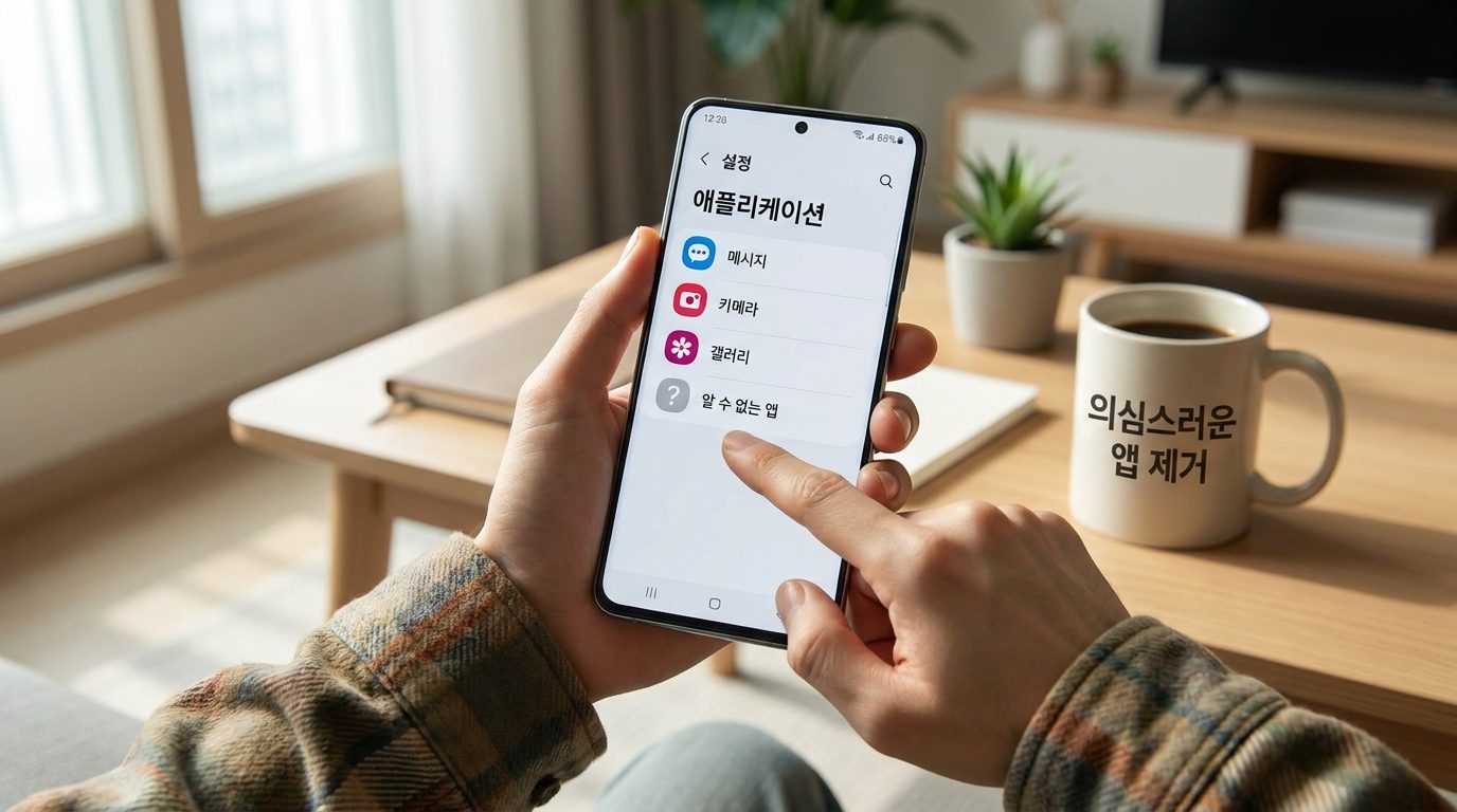 스마트폰에서 의심스러운 앱을 확인하고 있는 모습