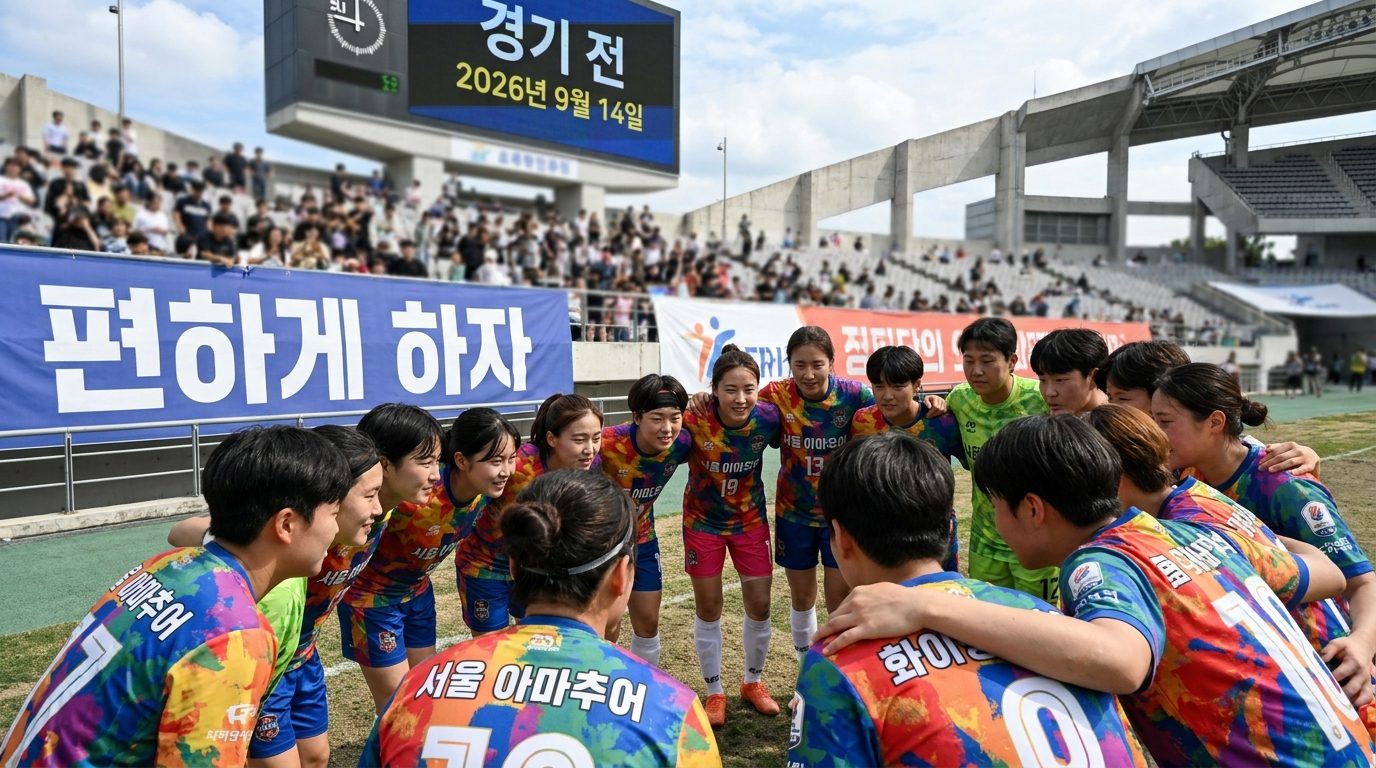 경기 전 사이드라인에서 다정하게 팀워크를 다지는 여자 축구 팀원의 모습
