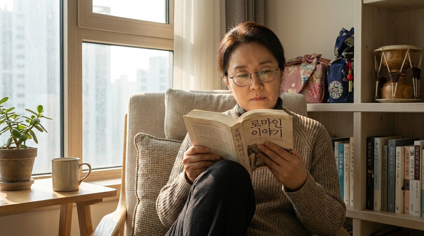 로마인 이야기 리뷰: 현대 한국 아파트에서 두꺼운 역사책을 진지하게 읽는 중년 한국인 모습