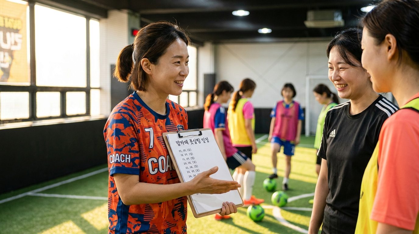 맘카페 풋살팀 일정이 적힌 클립보드를 들고 설명하는 30대 한국 여성과 연습하는 여성들 모습