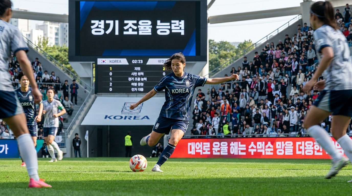 전략적으로 패스를 선택하며 경기를 조율하는 여자 미드필더의 움직임을 포착한 생생한 경기 장면