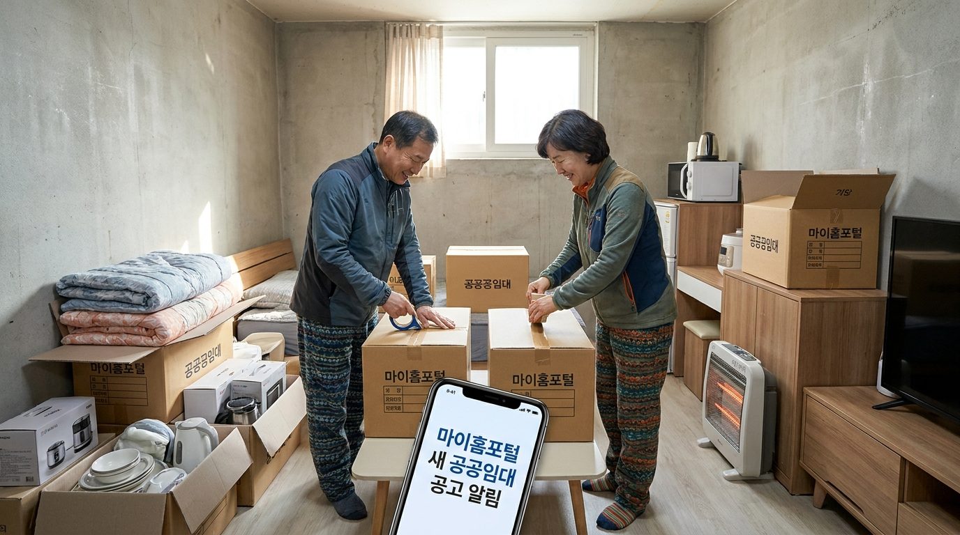 주거상향 지원사업으로 이사 준비를 하는 한국 중년 부부의 실사 이미지
