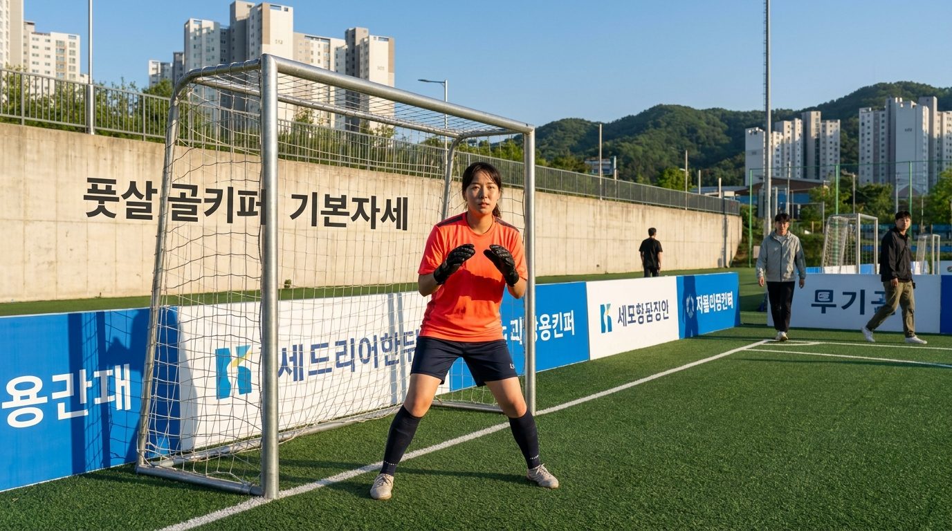 풋살 경기장에서 기본 자세를 갖춘 여성 골키퍼의 모습
