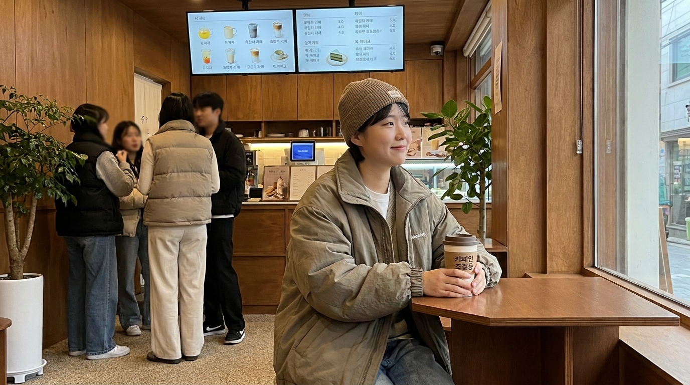 카페인 섭취를 줄이는 젊은 한국인이 현대적인 한국 카페에서 재사용 컵을 들고 있는 모습