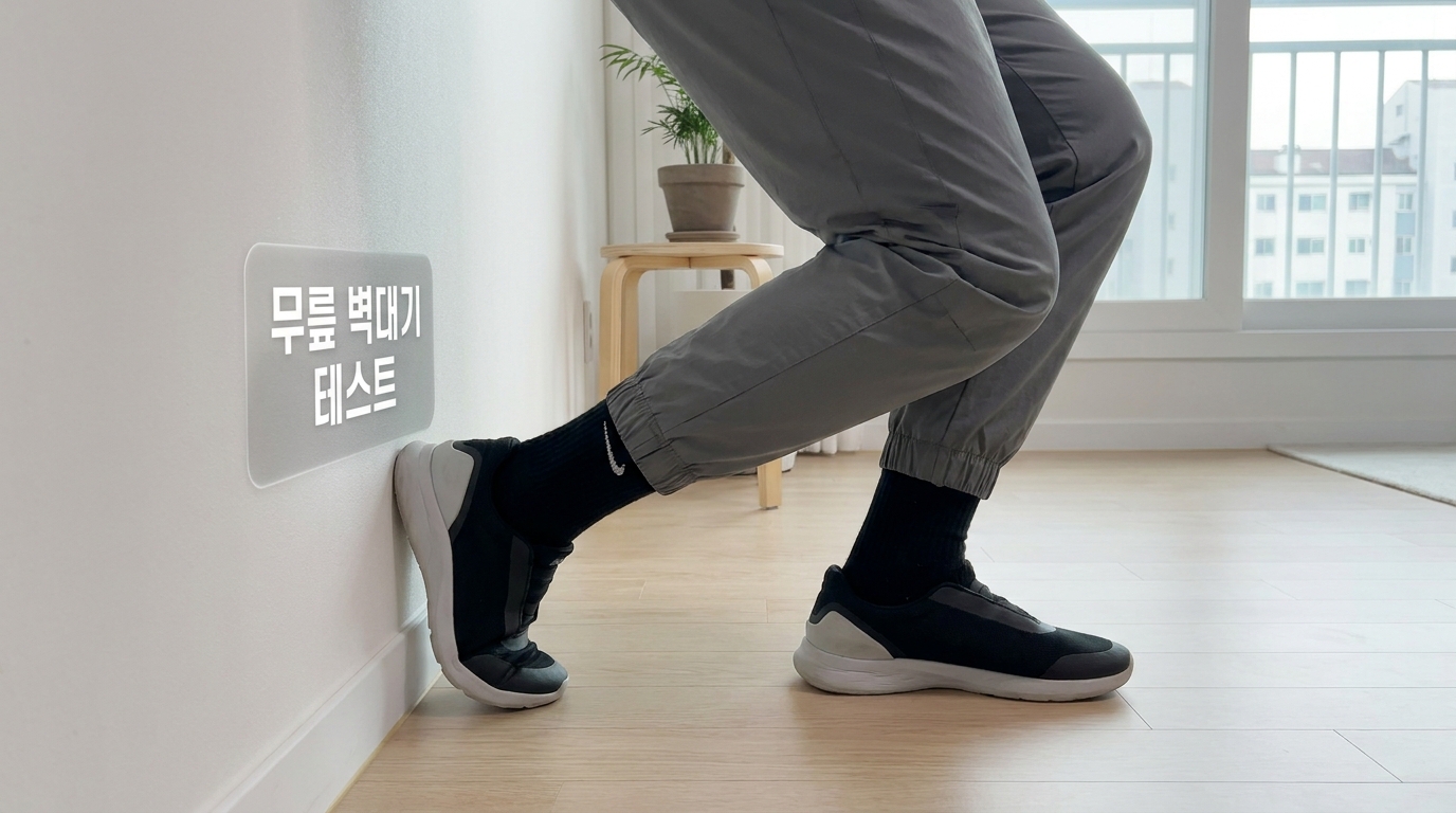 밝은 집안에서 무릎 벽대기 테스트를 하는 한국인 발목과 다리 부분 클로즈업