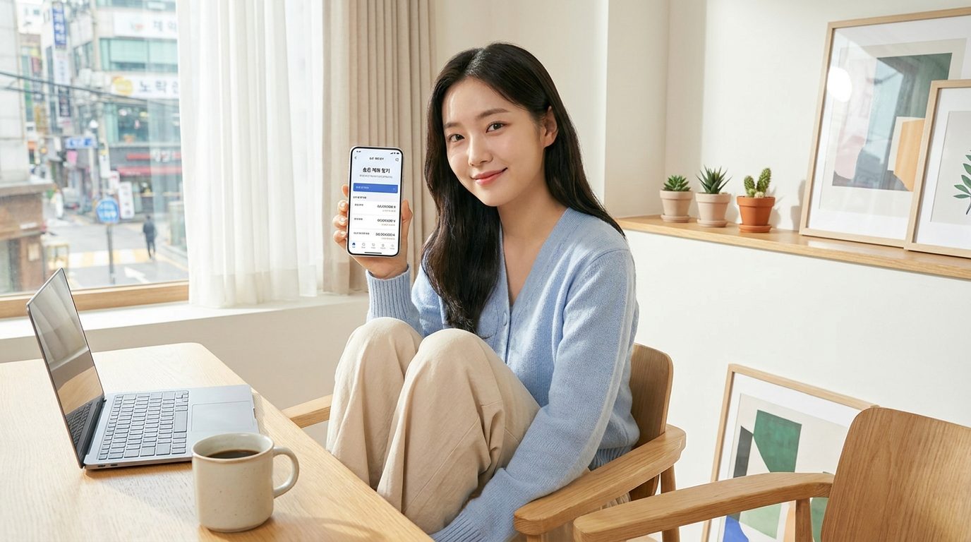 숨은 계좌 찾기: 모던한 거실에서 은행 계좌를 스마트폰 앱으로 조회하는 젊은 한국 여성의 모습