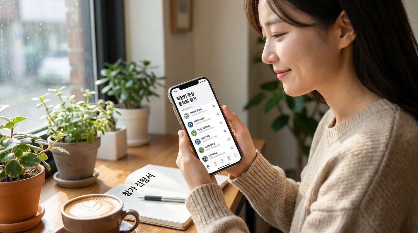 모바일 앱으로 직장인 풋살 동호회를 찾는 한국 여성의 모습