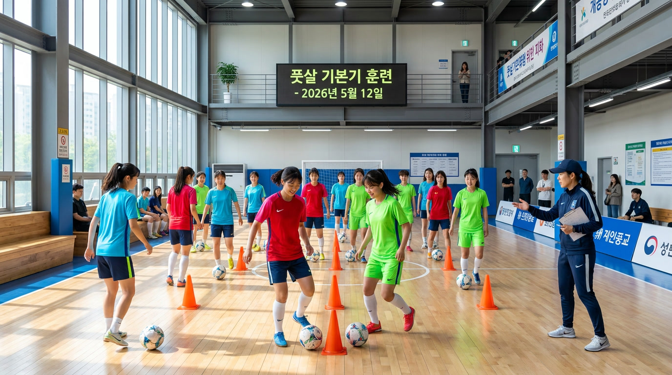 풋살 클래스 vs 동호회: 현대적인 한국 실내 풋살 훈련장에서 여성들이 기본기를 배우는 모습