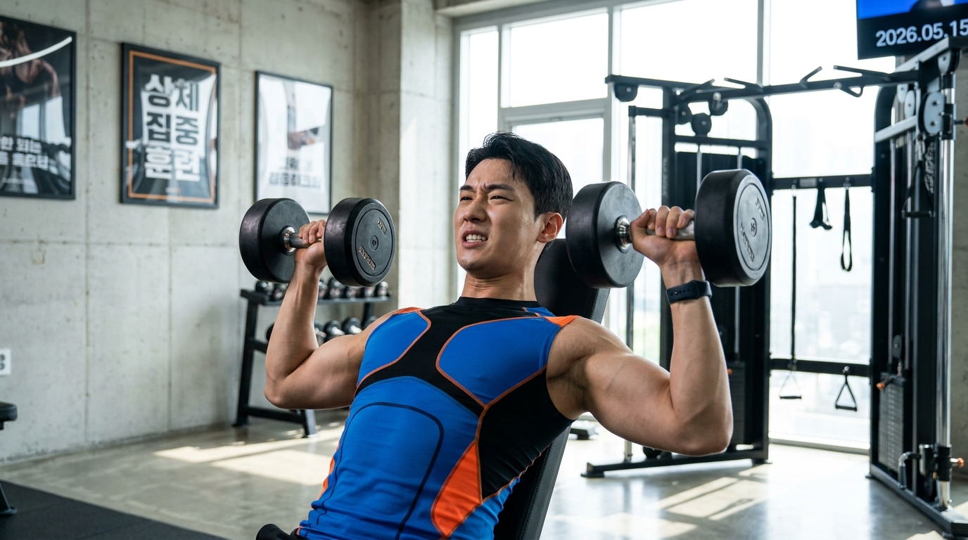 2026년 한국의 헬스장에서 상체 집중 훈련 중인 한인 남성 근접 이미지