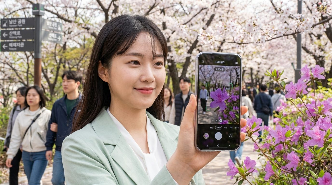 네이버 앱 스마트렌즈 화면을 보며 꽃을 촬영하는 현대적인 한국 여성의 클로즈업 이미지