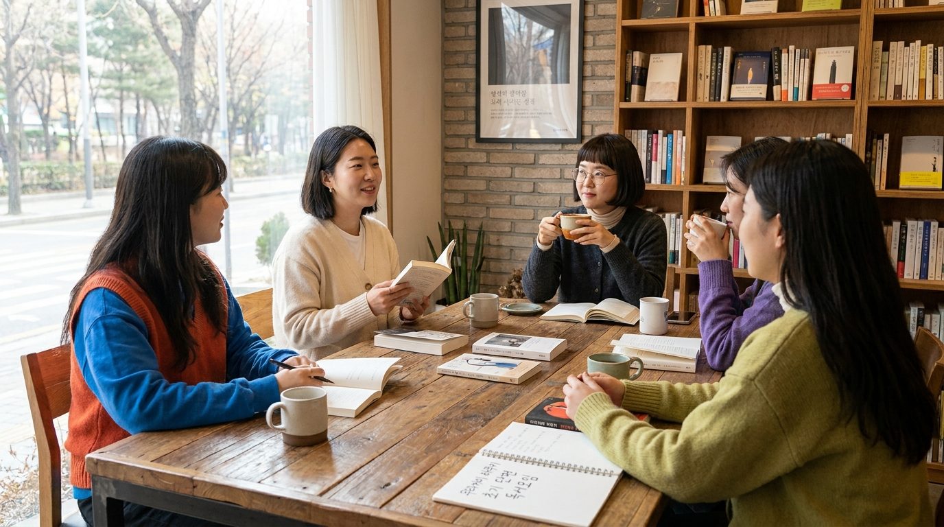 따뜻한 자연광이 비치는 아늑한 방에서 책을 읽고 토론하는 컬러풀한 옷을 입은 한국인 여성 독서모임 모습
