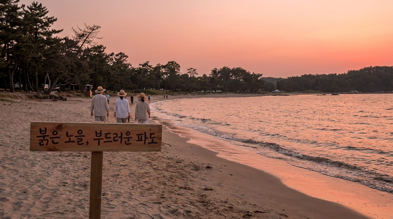 붉은 노을과 부드러운 파도가 조화를 이루는 평온한 해변 풍경