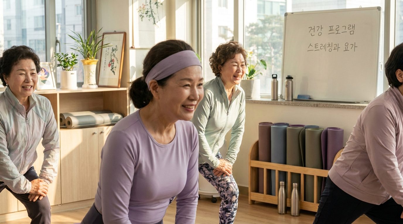 밝고 따뜻한 조명 아래 경로당에서 요가와 스트레칭 프로그램에 참여하는 한국 노년 여성들의 근접 촬영