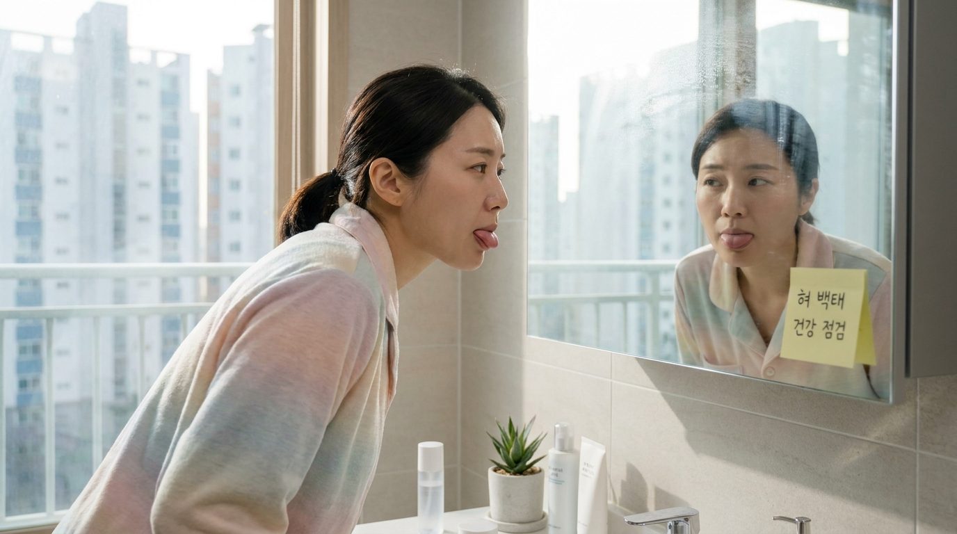 아침 욕실 거울 앞에서 자신의 혀를 걱정스럽게 들여다보는 한국 여성의 클로즈업 사진