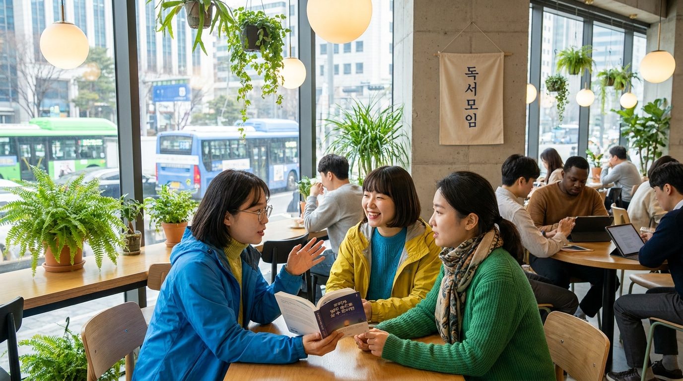 현대적인 한국 카페에서 밝고 다채로운 옷을 입은 세 명의 여성이 책을 들고 독서모임을 하며 진지하게 대화하고 있다.