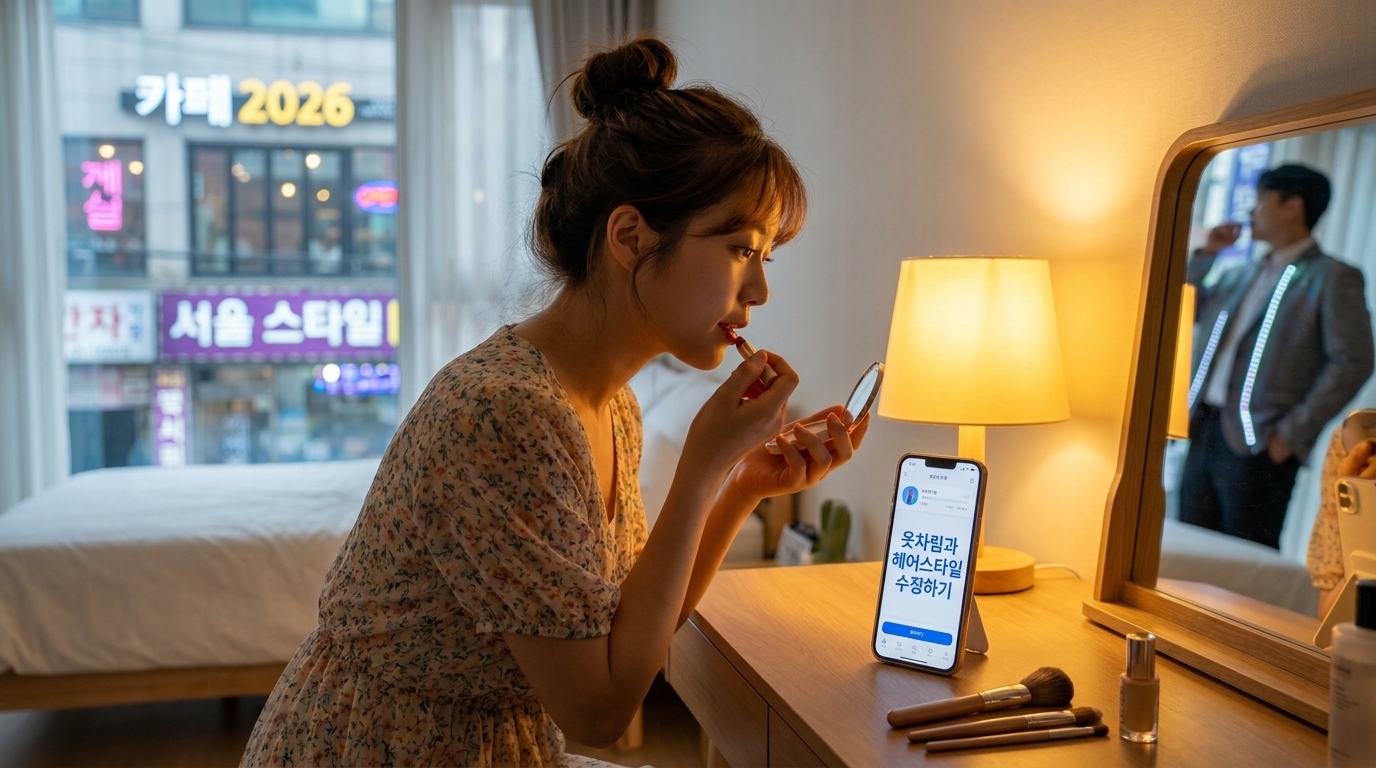옷차림과 헤어스타일을 다듬는 젊은 여성의 실사 클로즈업 사진, 따뜻한 실내 조명 아래에서