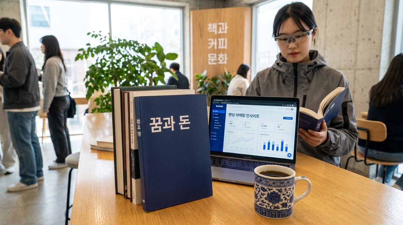 한국 현대 도심 카페에서 꿈과 돈 책과 노트북이 놓인 테이블 풍경