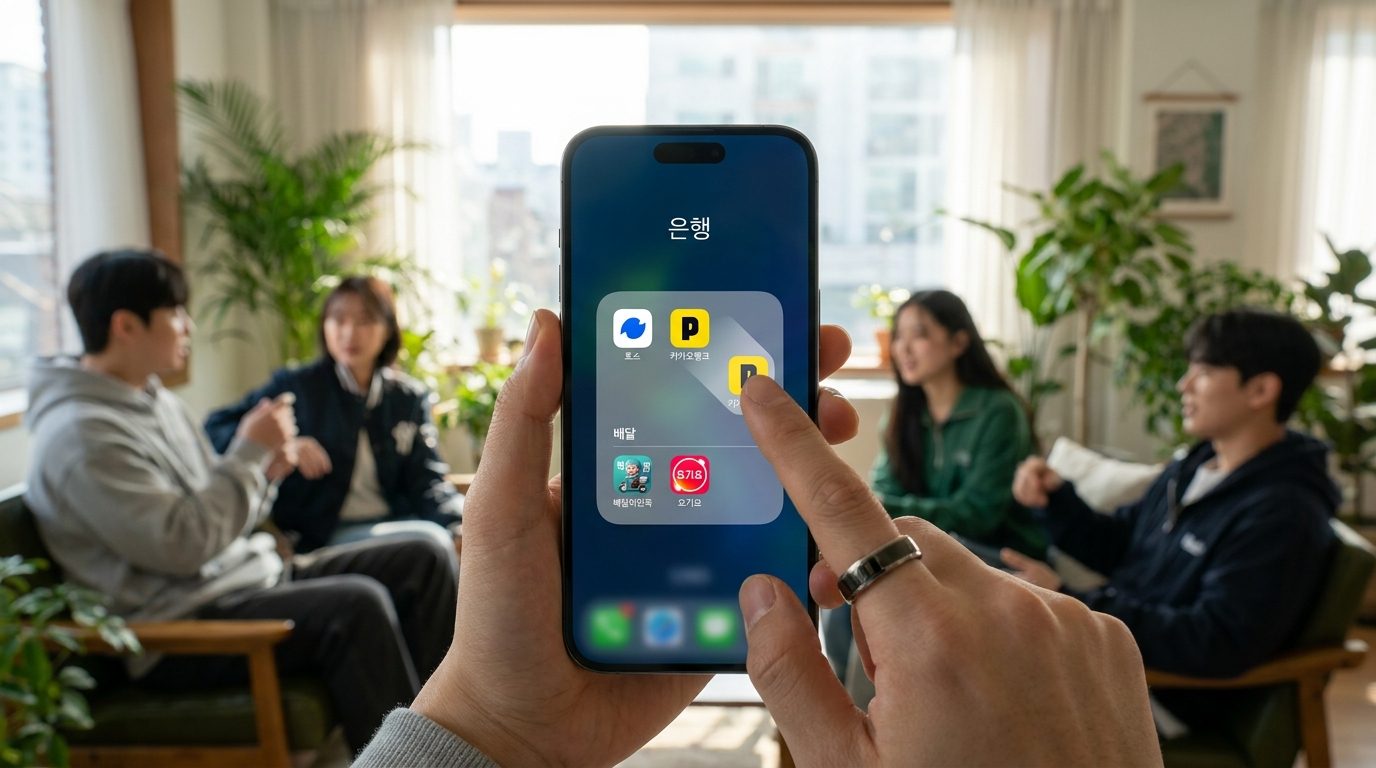 스마트폰 앱 아이콘을 폴더로 묶는 모습의 클로즈업 사진