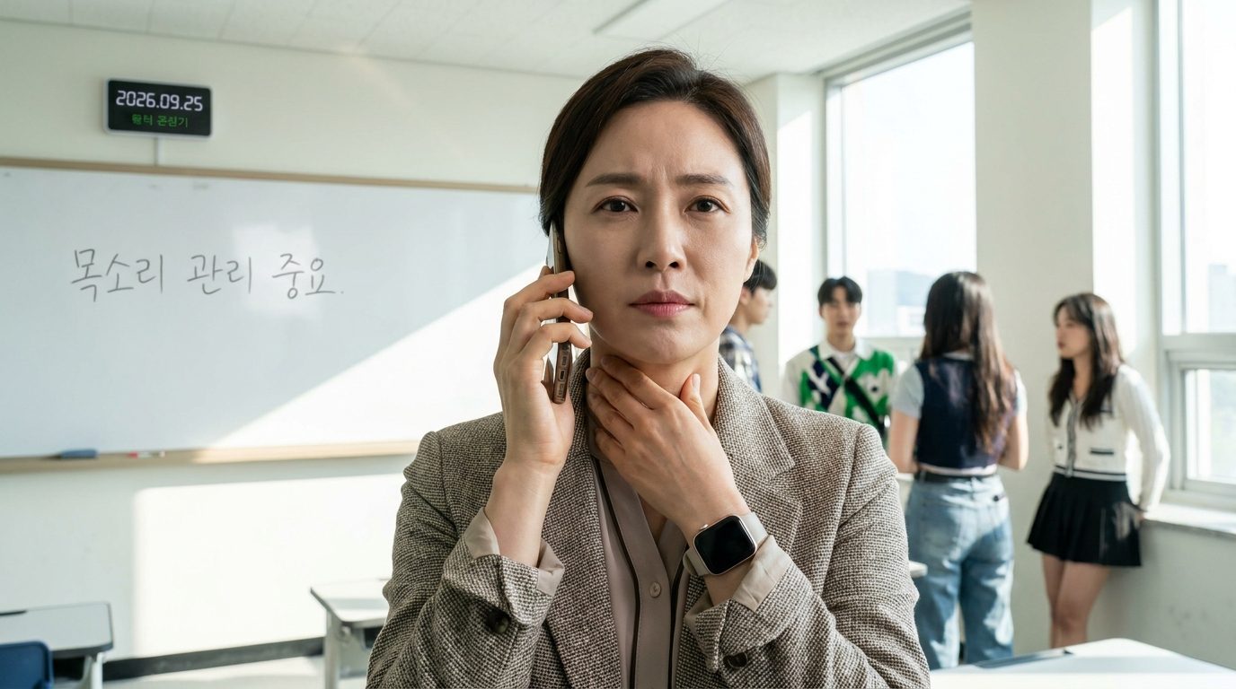 목소리를 사용하는 한국 교사가 전화 통화를 하며 약간 목소리가 쉬었지만 차분한 표정을 짓고 있는 모습