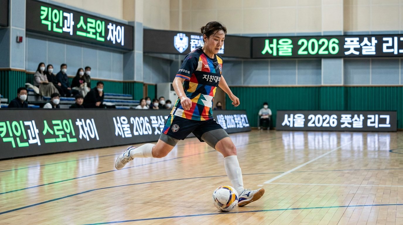 실내 풋살 코트에서 공을 다루는 여성 선수