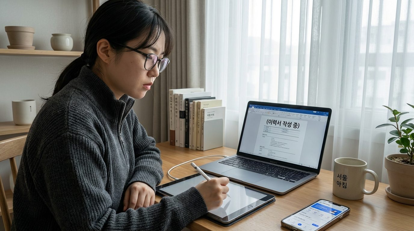 취업준비 지원금: 이력서를 준비하며 집중하는 한국 청년의 클로즈업 실사 이미지