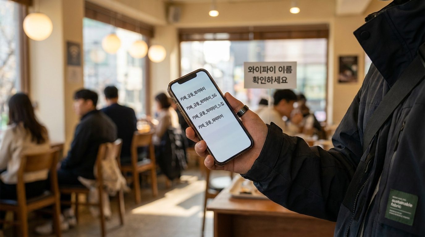 공공 와이파이 보안: 스마트폰 화면에 여러 개의 비슷한 이름을 가진 와이파이 목록이 나타난 모습으로, 가짜 와이파이 위험성을 보여주는 이미지