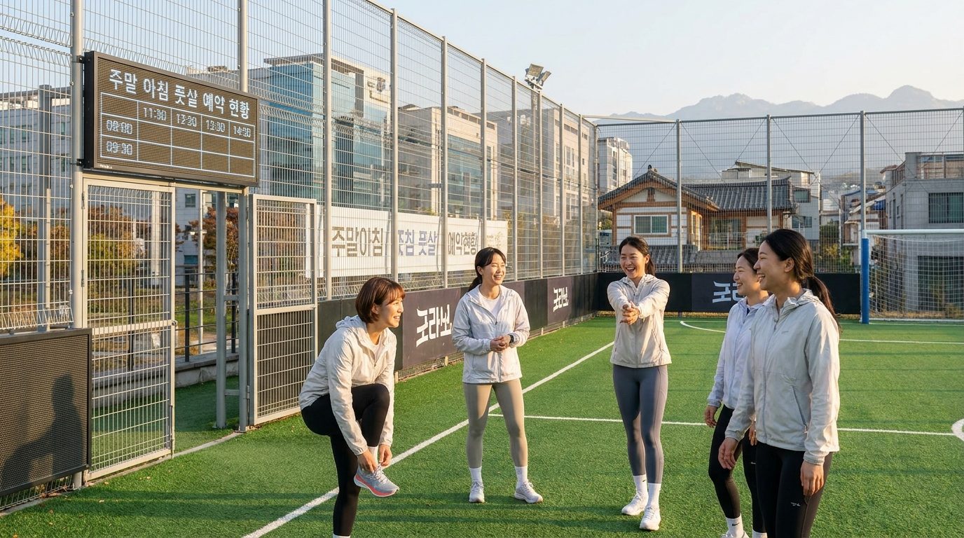 주말 아침 풋살장에서 준비하는 여성 선수들의 모습, 밝고 쾌적한 환경과 한국적 요소가 돋보임