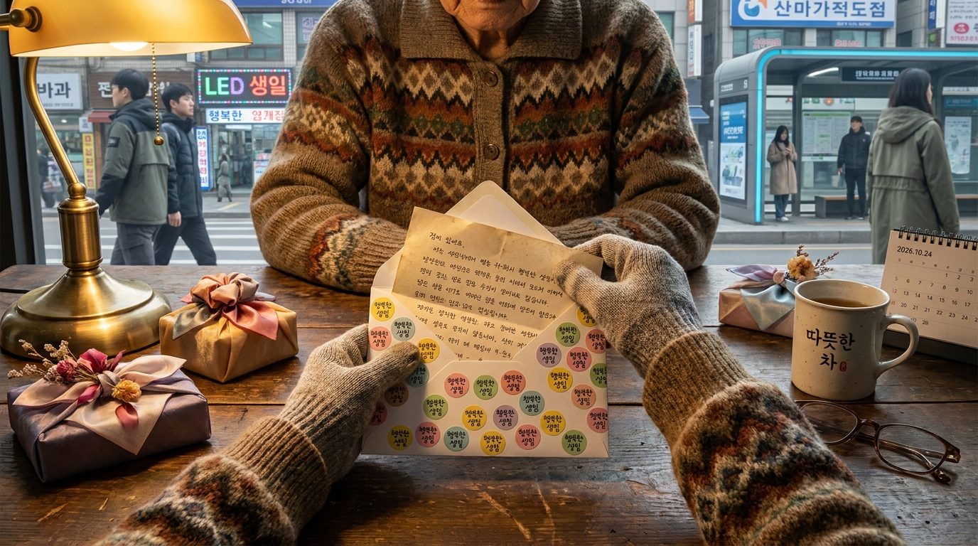 완성된 손편지를 예쁜 생일 봉투에 넣는 디테일한 모습