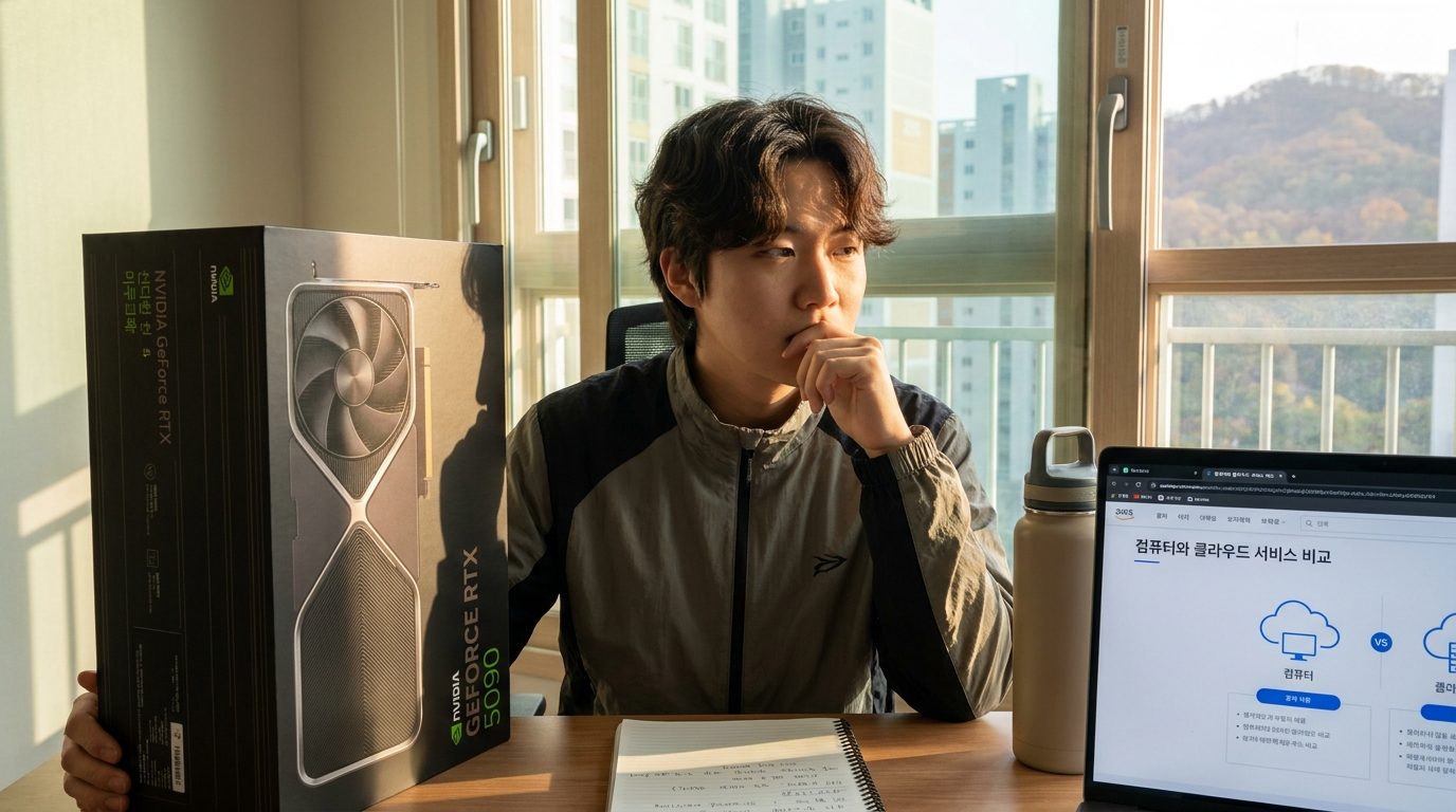 ComfyUI 총비용: 최신 GPU와 클라우드 서비스 선택을 고민하는 한국 젊은이의 실사 이미지