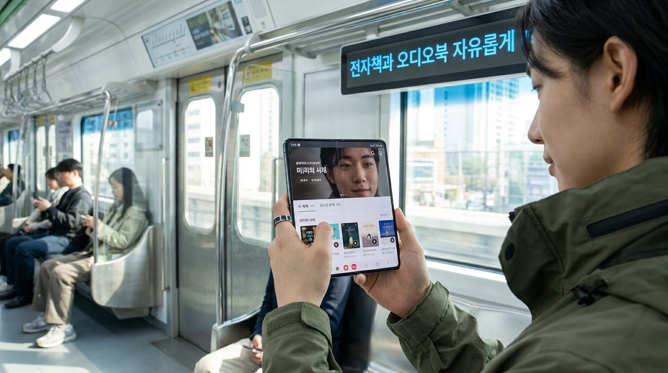 밀리의서재 윌라 비교: 출퇴근 지하철에서 밀리의 서재 앱을 사용하는 한국인 젊은 직장인의 클로즈업 사진