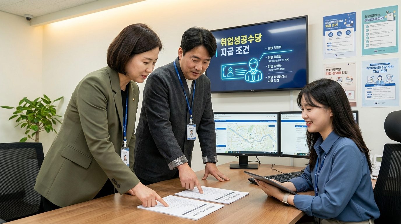 취업지원센터에서 구직자에게 취업성공수당 신청 절차를 안내하는 한국 고용 서비스 상담가들의 모습.