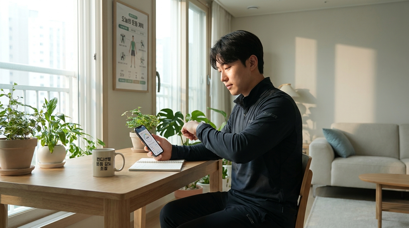 개인의 컨디션에 따라 운동 강도를 조절하는 한국인의 모습을 상세히 표현한 장면