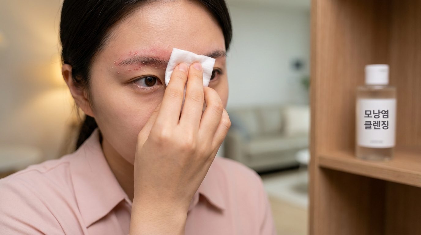 모낭염 증상이 있는 눈썹 주변을 클렌징하는 한국인 여성의 클로즈업 사진
