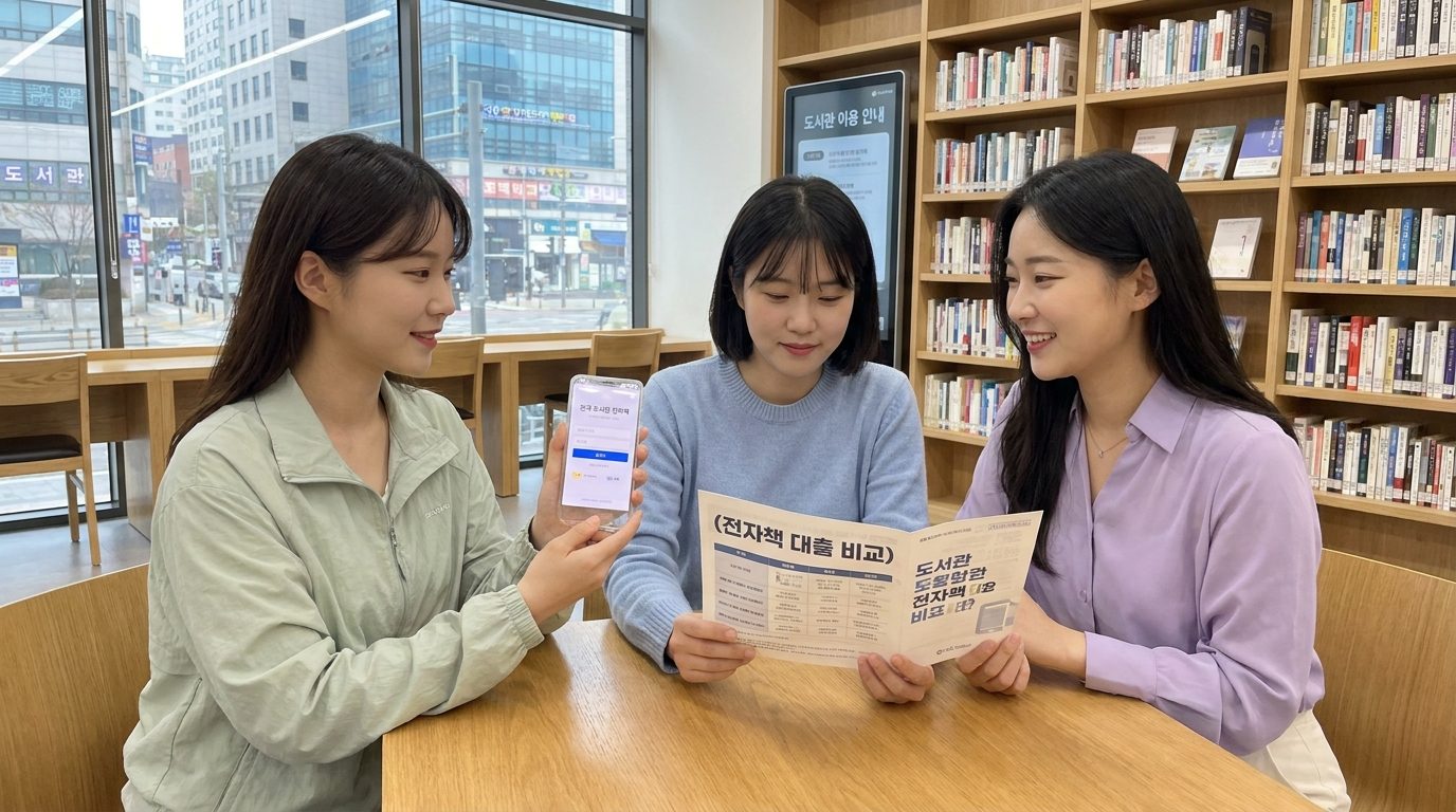 밝고 환한 도서관 실내에서 스마트폰 앱 로그인 화면을 보여주는 한국 여성들이 모여 있는 모습