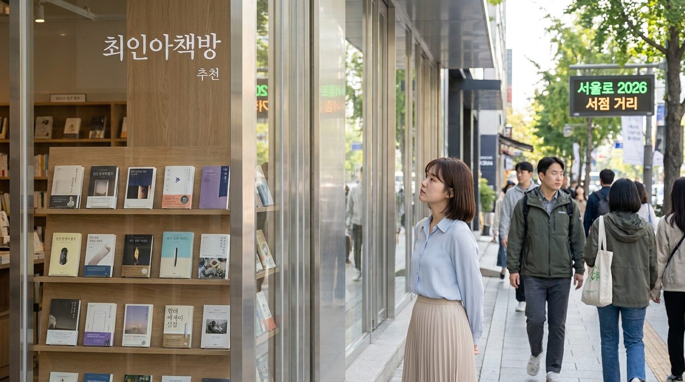 서울 강남에 위치한 최인아책방 독립서점 입구의 고화질 실사 이미지, 자연광 아래 밝은 색 의상을 입은 젊은 여성이 책 진열대를 바라보고 있다.