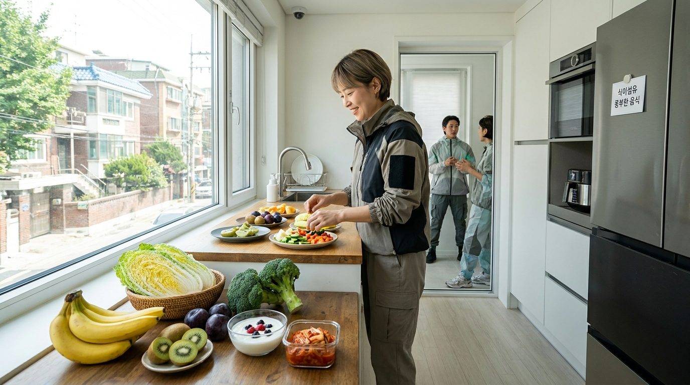 현대 한국 가정주방에서 건강한 식사 준비를 하는 한국 여성