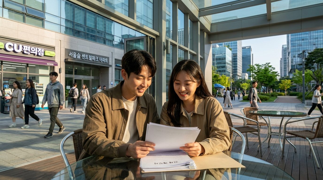 전세 지원금: 젊은 한국인 부부가 서울의 현대 아파트 단지에서 전세 계약서에 서명하는 모습