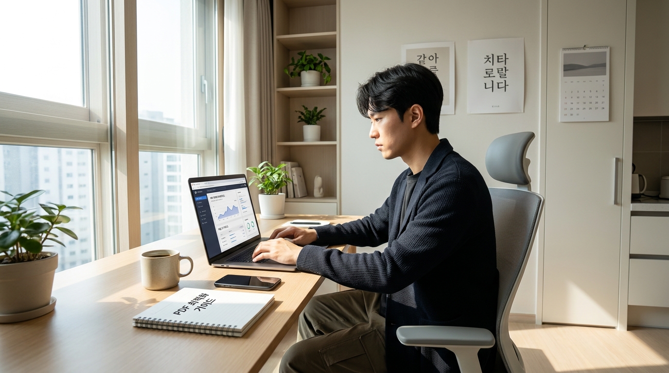 현대적인 한국 가정의 작업공간에서 PDF 최적화 인터페이스가 보이는 컴퓨터 앞에서 일하는 한국 성인의 모습