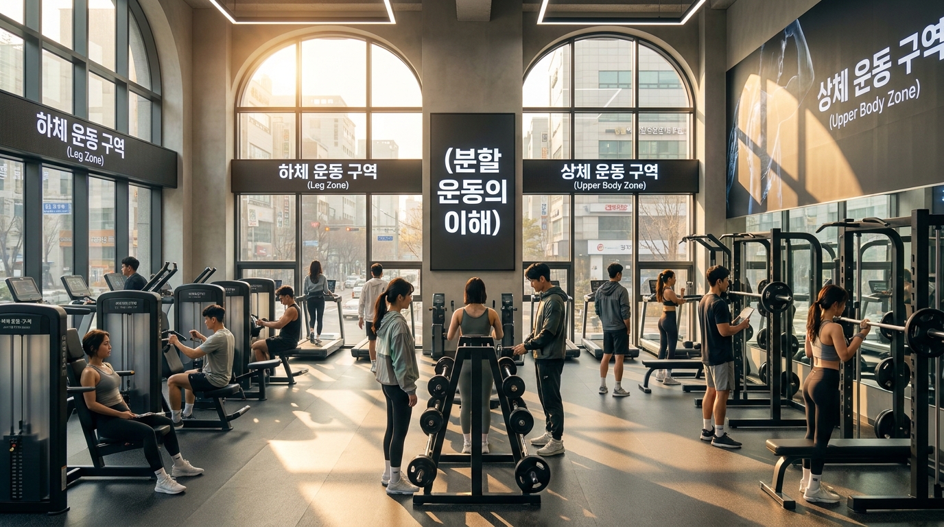 2026년 한국의 현대 헬스장 내부, 분할 운동을 하는 다양한 한인들이 포함된 이미지