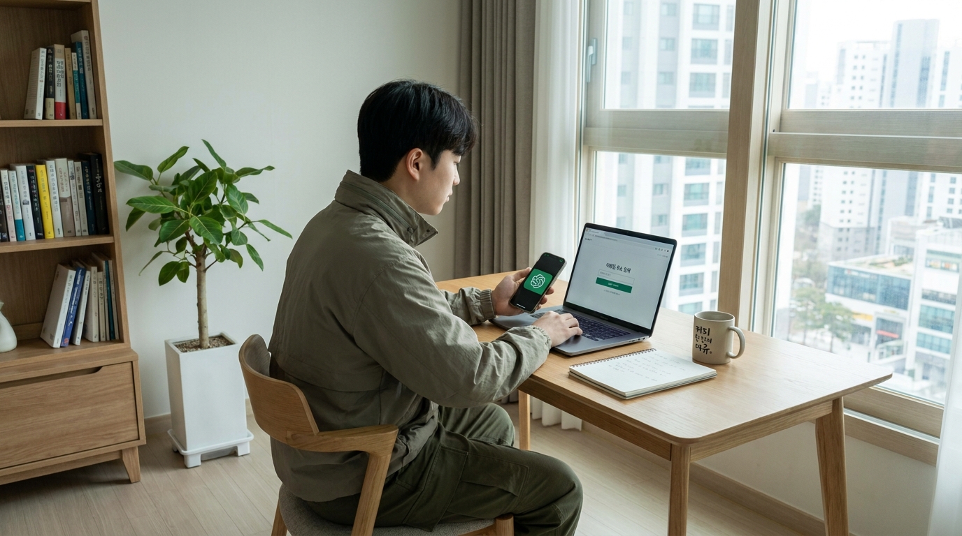 챗GPT 사용 준비를 하는 한국의 현대 가정용 공부 공간 모습