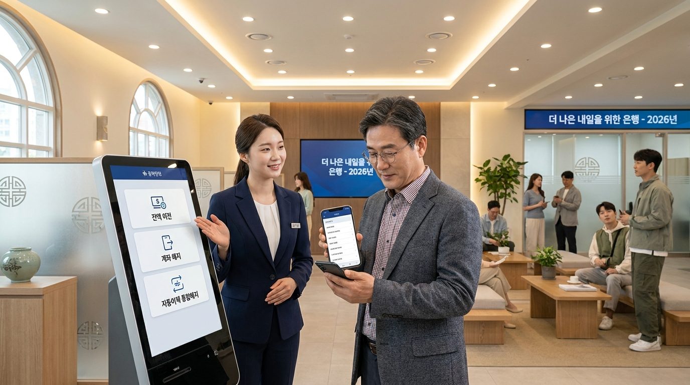 한국의 현대적인 은행 지점에서 직원이 중년 남성에게 휴면계좌 잔액 이전 및 해지 방법을 안내하는 모습