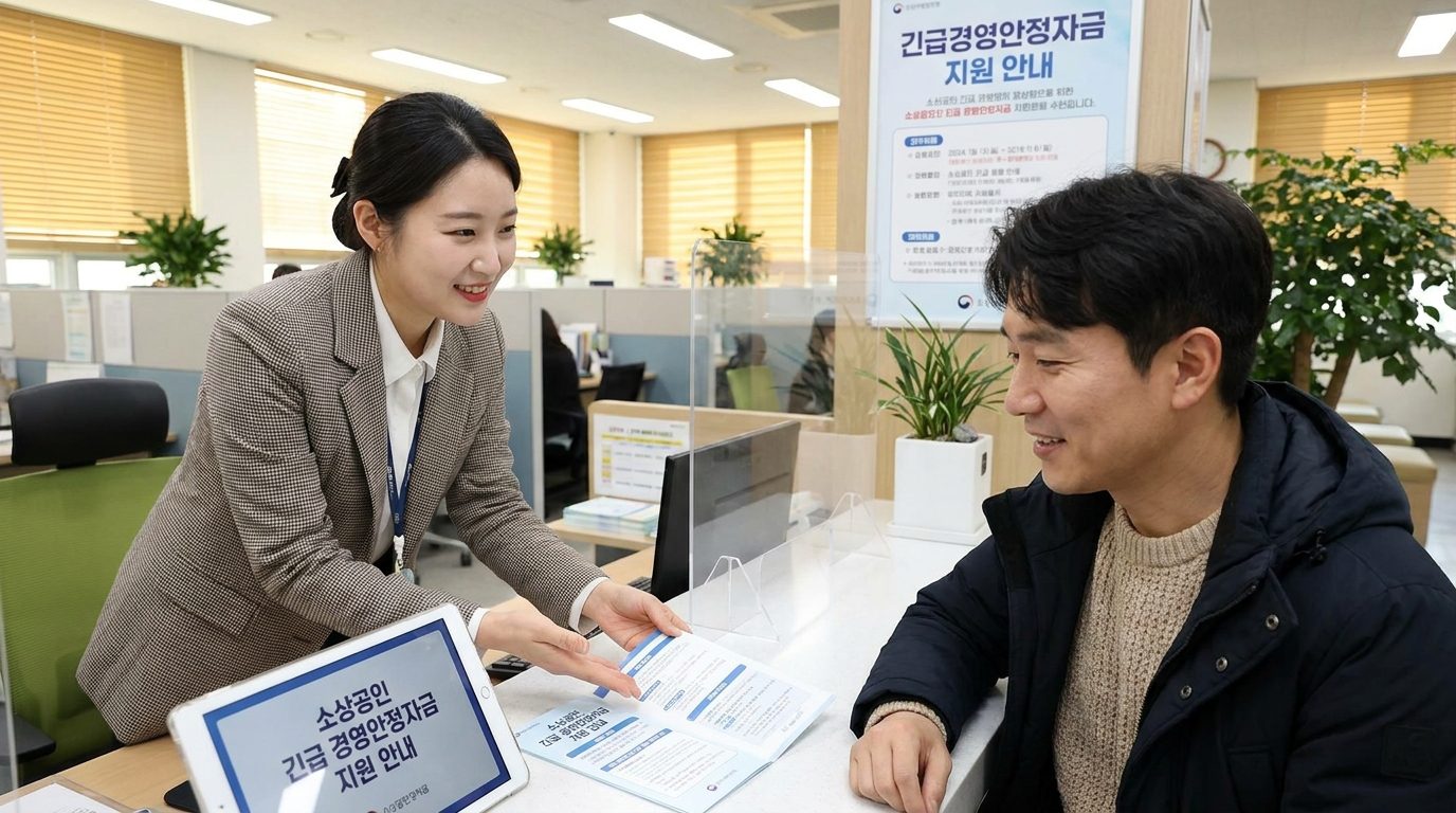 정부 지원 제도를 안내하는 공공 기관 직원과 소상공인