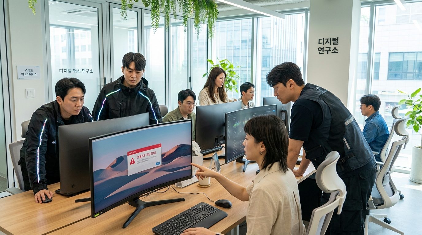AI 이미지 생성 도구를 사용하는 현대 한국 사무실에서 다양한 사람들이 경고 메시지와 함께 컴퓨터 화면을 바라보는 모습